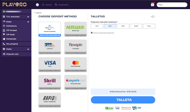 Playoro Casino kotiutus ja talletus onnistuu tutuilla maksutavoilla.