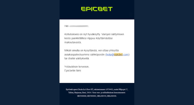 Epicbet kotiutus siirtyy pankkitilille minuuteissa.