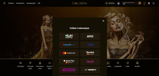 GoldSpin Casino kotiutus ja talletus onnistuu tutuilla maksutavoilla.