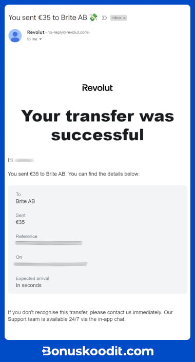 Vaihe 4 Tarkista sähköposti, Revolut casino talletus lähettää sinulle ilmoituksen.