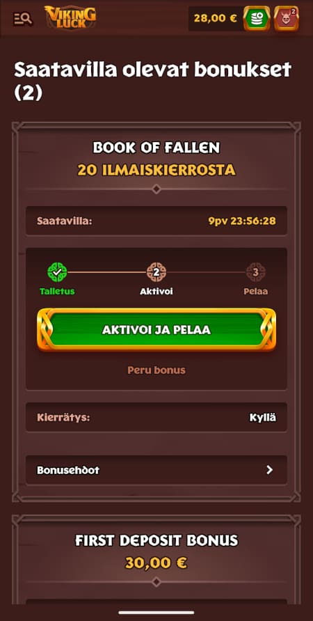 Aktivoi Viking Luck bonus talletuksen jälkeen.