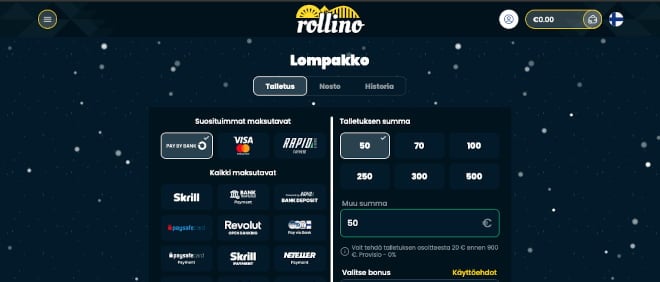 Rollino Casino kotiutus ja talletus onnistuu monipuolilla maksutavoilla.