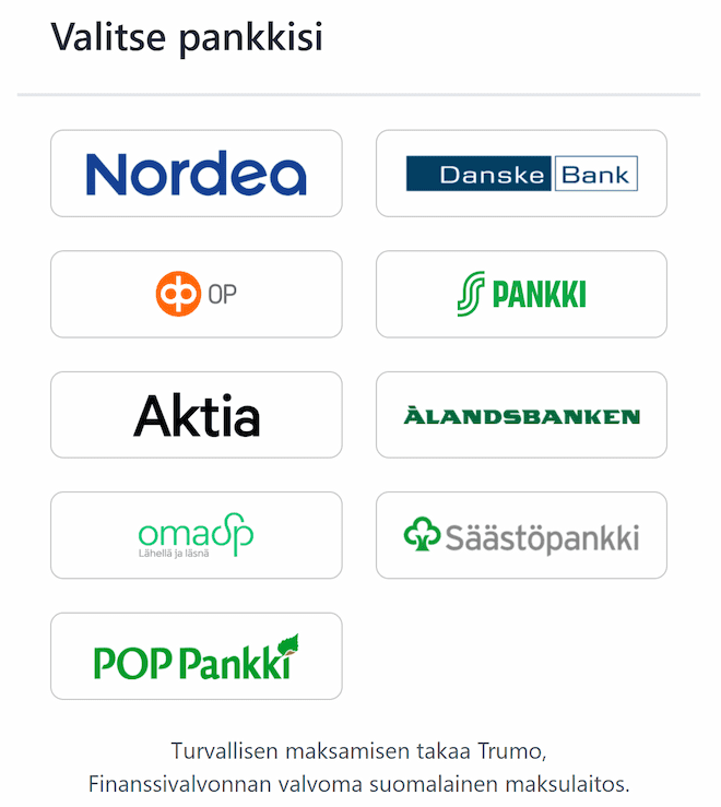 Trumo kasinot toimivat yhteistyössä yhdeksän tunnetuimman kotimaisen pankin kanssa.